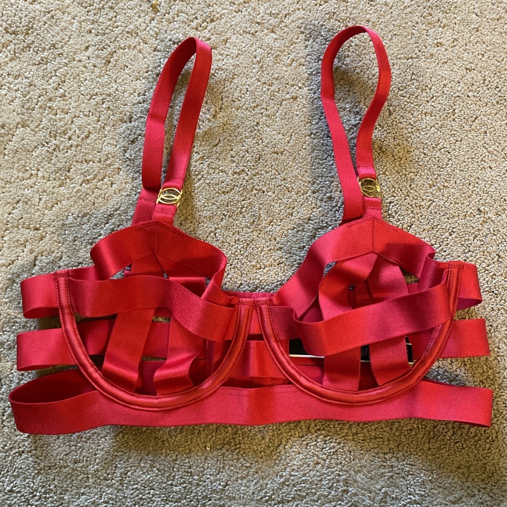 VICTORIA'S SECRET VERY SEXY LUXE UNLINED STRAPPY RED CAGE BANDED BRA 34B